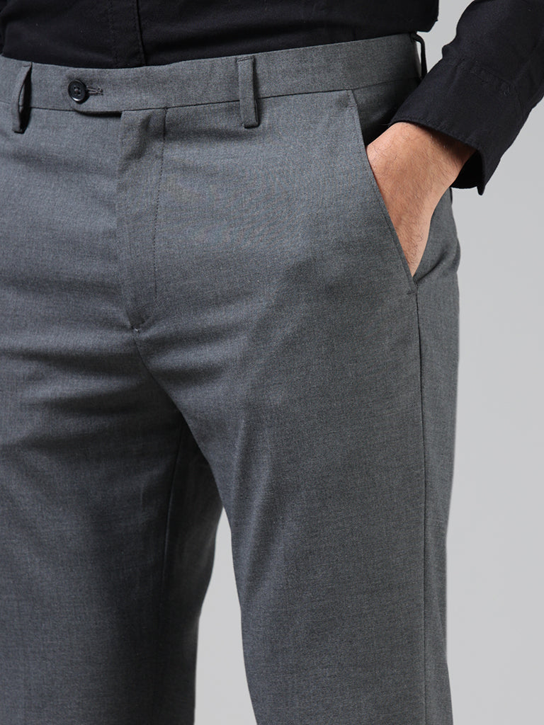 WES Formals by Westside Solid Charcoal Slim Fit Trousers
